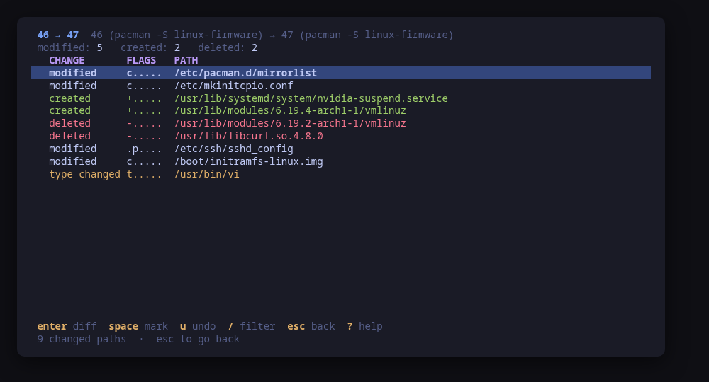 What changed between two snapshots, created and deleted and modified paths together