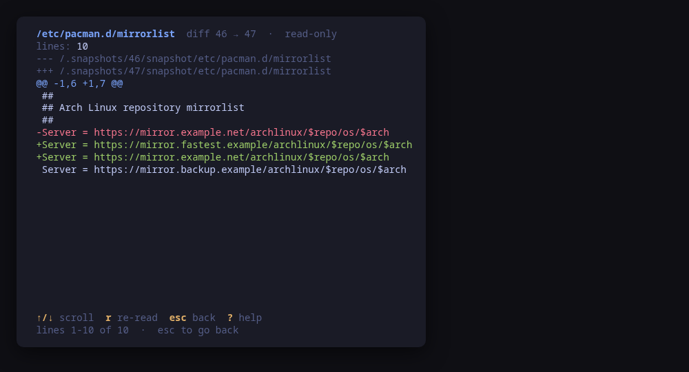 One file's unified diff between the two snapshots, read-only and scrollable