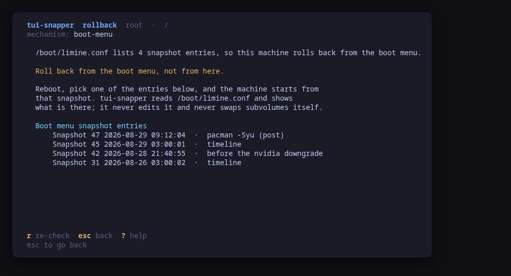 The rollback screen on a limine layout: the boot menu entries, read-only, and why