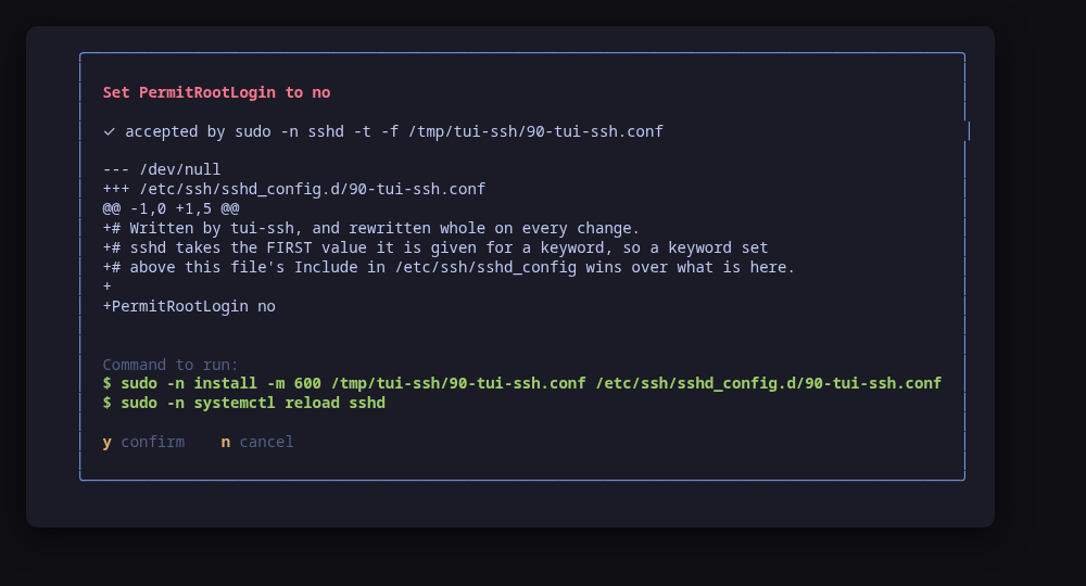 Writing that drop-in: sshd has already parsed the staged file, and the diff and both commands are on screen before either runs