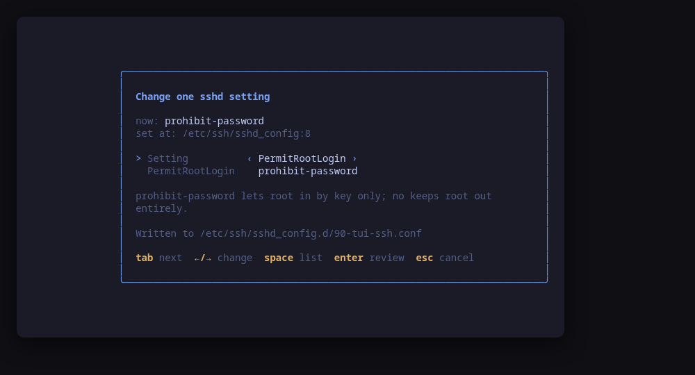 The guided editor: one keyword, the values sshd accepts, and what the change means