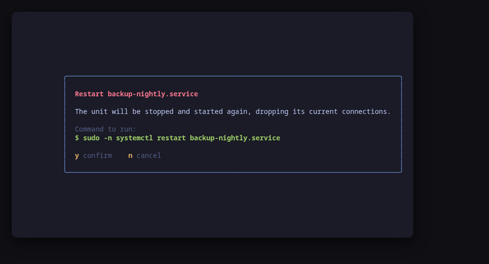 Restarting a unit: the exact systemctl command line, shown before it runs
