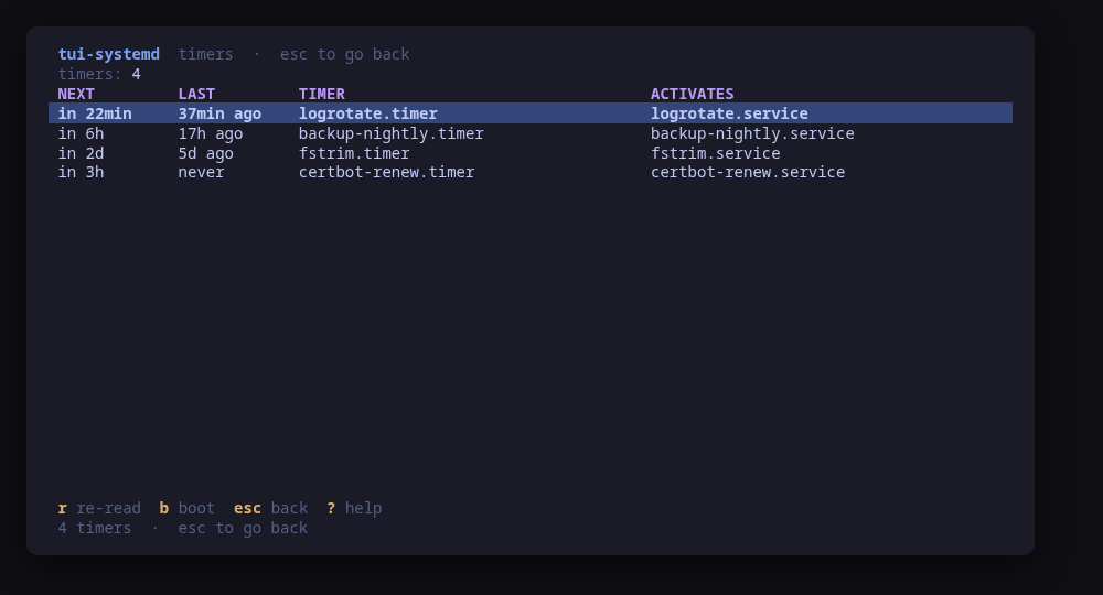 Timers: what is scheduled, when it fires next, when it last fired