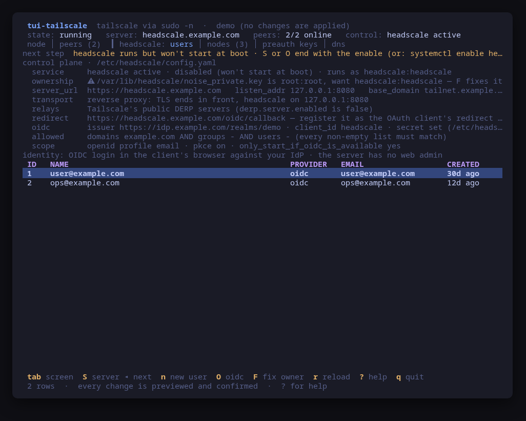 The control plane: the readiness line, what config.yaml says, and the headscale users