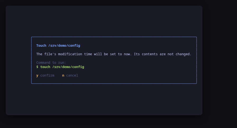 The confirm dialog, showing the exact command line before it runs
