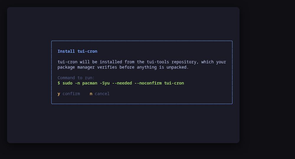 The confirm dialog, carrying every command of the install before the first one runs