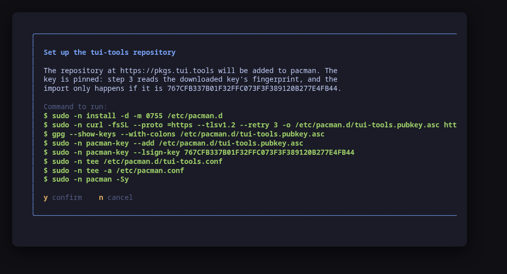 The repository setup, with the signing key pinned by fingerprint
