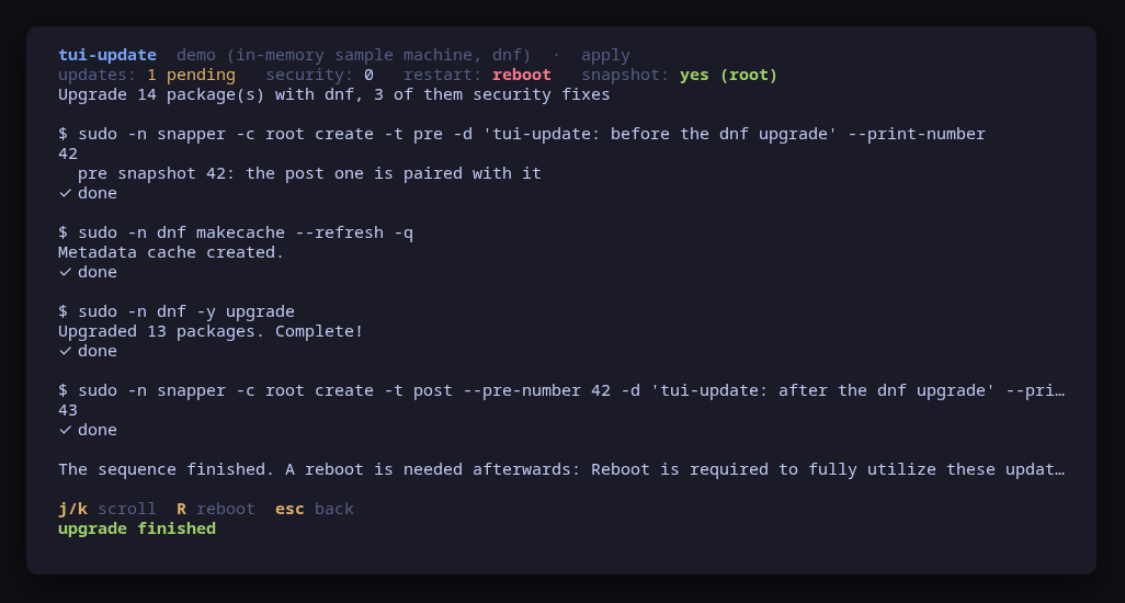 The reboot the upgrade asked for: offered afterwards, never taken by the tool itself