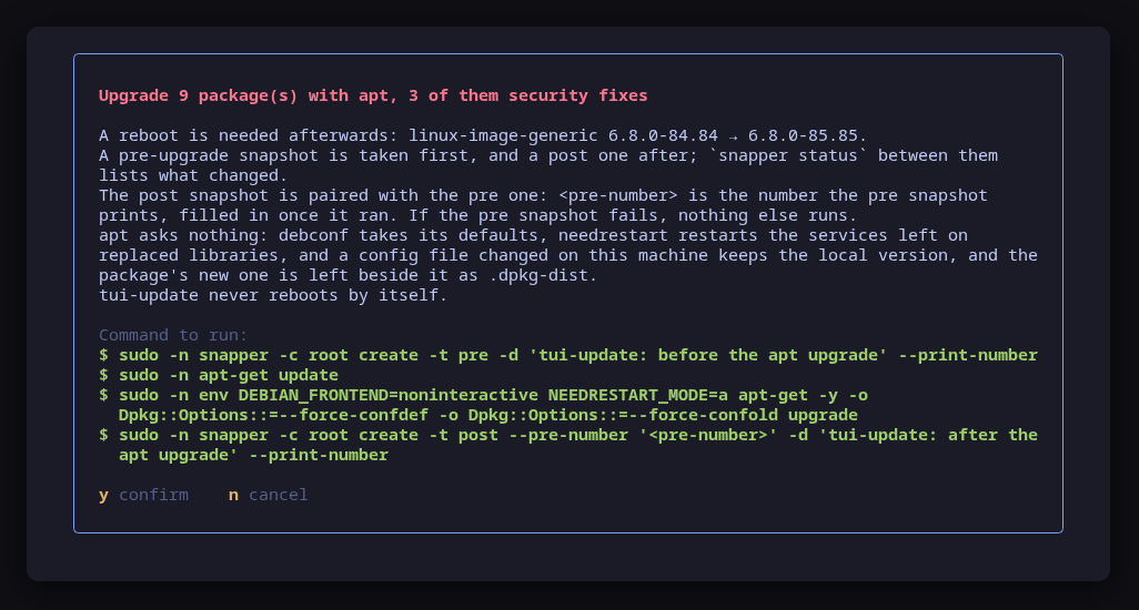 An apt upgrade that asks nothing: the environment and the dpkg options that keep a locally changed config file, shown and explained