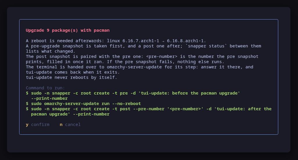 Omarchy Server's updater, handed the terminal after the confirm, with the screen restored when it exits