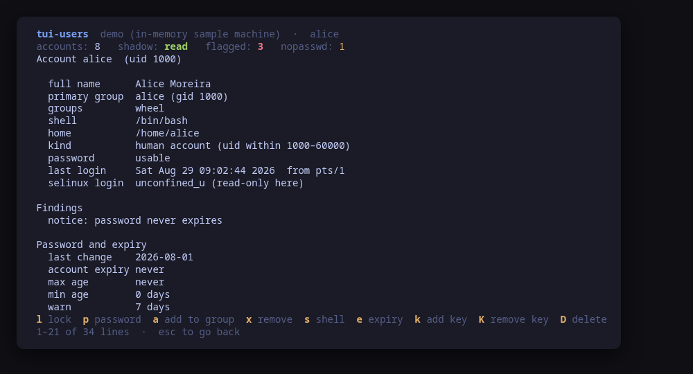 One account in full: groups, aging, authorized keys with fingerprints, sudo rules and open sessions
