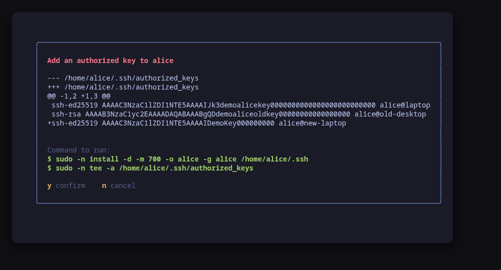 Adding an authorized key: the diff of the file, then the commands that apply it
