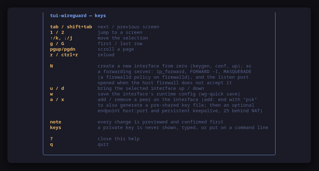 The help screen: every key, and what each change does before it runs
