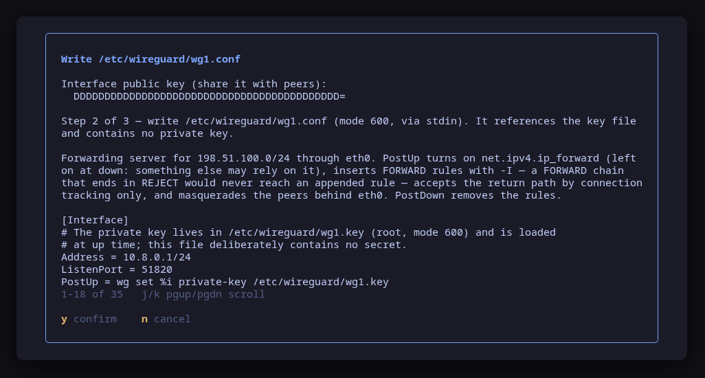 Creating a forwarding server: the conf, with its PostUp and PostDown rules, previewed before it is written